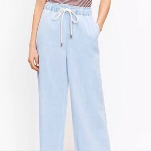 Loft Denim Linen Blend Pants Cropped Drawstring Elastic Waist XS Light B…